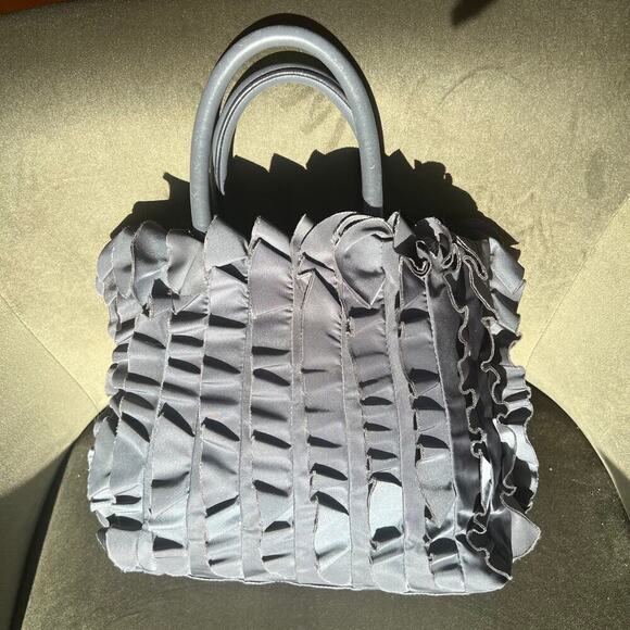 Rare PRADA Tessuto Ruffle Tote Bag Gray w/ Keychain Gold Hardware - Picture 3 of 13